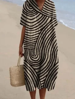 Women's Midi Dress Sundress A Line Dress Vacation Casual Beach linen like Going out Loose Fit Short Sleeve V Neck claret Orange off-white Dark Gray