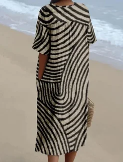 Women's Midi Dress Sundress A Line Dress Vacation Casual Beach linen like Going out Loose Fit Short Sleeve V Neck claret Orange off-white Dark Gray