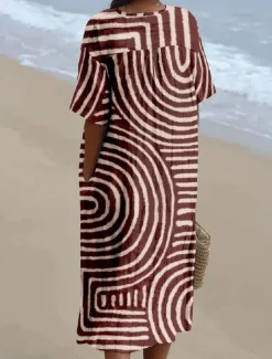 Women's Midi Dress Sundress A Line Dress Vacation Casual Beach linen like Going out Loose Fit Short Sleeve V Neck claret Orange off-white Dark Gray