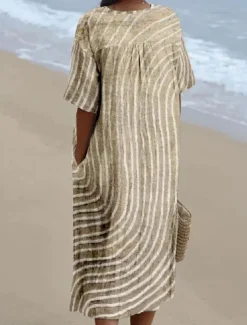 Women's Midi Dress Sundress A Line Dress Vacation Casual Beach linen like Going out Loose Fit Short Sleeve V Neck claret Orange off-white Dark Gray