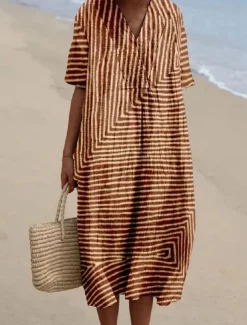 Women's Midi Dress Sundress A Line Dress Vacation Casual Beach linen like Going out Loose Fit Short Sleeve V Neck claret Orange off-white Dark Gray