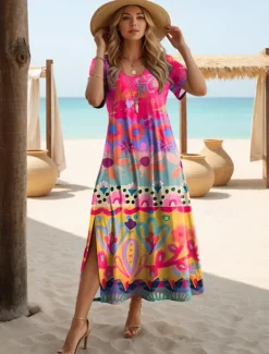 Women's Midi Dress Sundress A Line Dress Vacation Casual Boho Butterfly Sleeve Beach Regular Fit Graphic Tribal Short Sleeve Crewneck Light Blue Black Gold Black Light Green Summer Spring