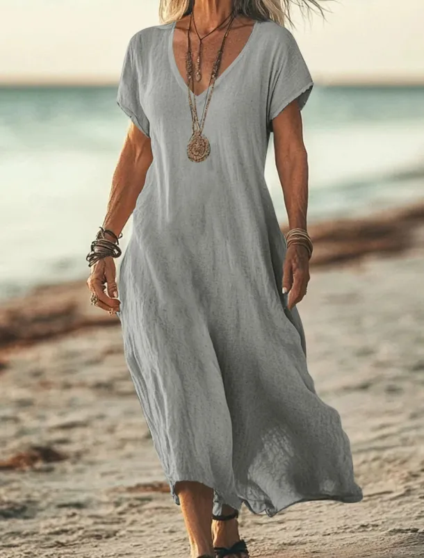 Women's Midi Dress Sundress Summer Dress Casual Daily Holiday Beach Regular Fit Linen Like Plain Short Sleeve V Neck White Pink Blue Green Summer