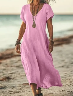 Women's Midi Dress Sundress Summer Dress Casual Daily Holiday Beach Regular Fit Linen Like Plain Short Sleeve V Neck White Pink Blue Green Summer