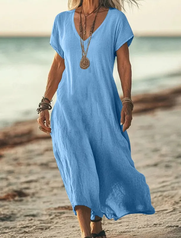 Women's Midi Dress Sundress Summer Dress Casual Daily Holiday Beach Regular Fit Linen Like Plain Short Sleeve V Neck White Pink Blue Green Summer