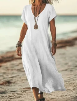 Women's Midi Dress Sundress Summer Dress Casual Daily Holiday Beach Regular Fit Linen Like Plain Short Sleeve V Neck White Pink Blue Green Summer
