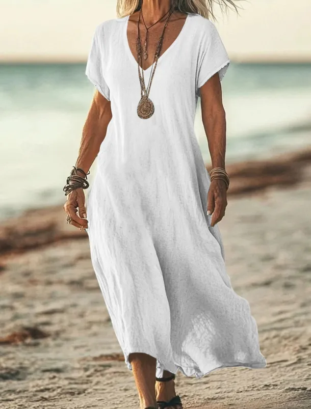 Women's Midi Dress Sundress Summer Dress Casual Daily Holiday Beach Regular Fit Linen Like Plain Short Sleeve V Neck White Pink Blue Green Summer