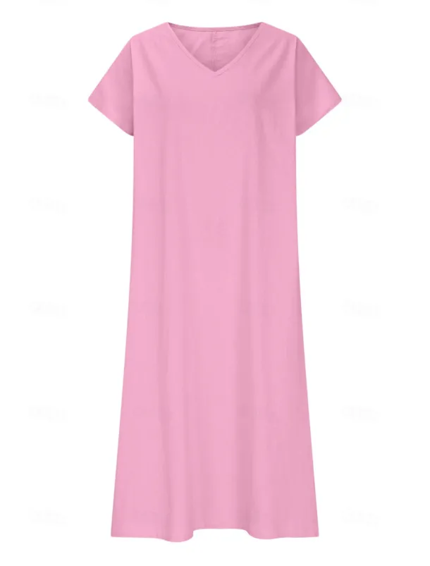 Women's Midi Dress Sundress Summer Dress Casual Daily Holiday Beach Regular Fit Linen Like Plain Short Sleeve V Neck White Pink Blue Green Summer