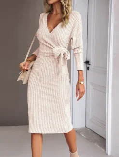 Women's Midi Dress Sweater Dress Wrap Dress Casual Casual Regular Fit Plain Long Sleeve V Neck Red Green Apricot Gray Fall Winter