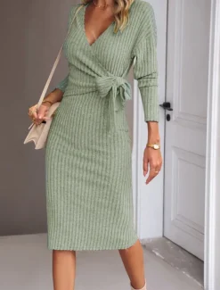 Women's Midi Dress Sweater Dress Wrap Dress Casual Casual Regular Fit Plain Long Sleeve V Neck Red Green Apricot Gray Fall Winter