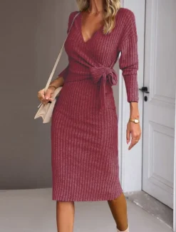Women's Midi Dress Sweater Dress Wrap Dress Casual Casual Regular Fit Plain Long Sleeve V Neck Red Green Apricot Gray Fall Winter