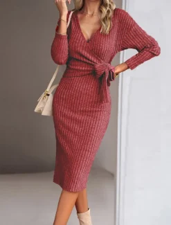 Women's Midi Dress Sweater Dress Wrap Dress Casual Casual Regular Fit Plain Long Sleeve V Neck Red Green Apricot Gray Fall Winter