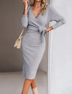 Women's Midi Dress Sweater Dress Wrap Dress Casual Casual Regular Fit Plain Long Sleeve V Neck Red Green Apricot Gray Fall Winter