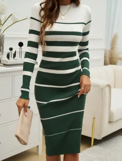 Women's Midi Dress Sweater Dress Sheath Dress Casual Casual Regular Fit Stripe Long Sleeve Round Neck Black White Green khaki Fall Winter