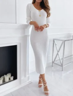 Women's Midi Dress Sweater Dress Knit Dress Jumper Dress Casual Dress Knitwear Warm Fashion Outdoor Casual Daily Regular Fit Pure Color Long Sleeve V Neck Black White khaki Fall Winter