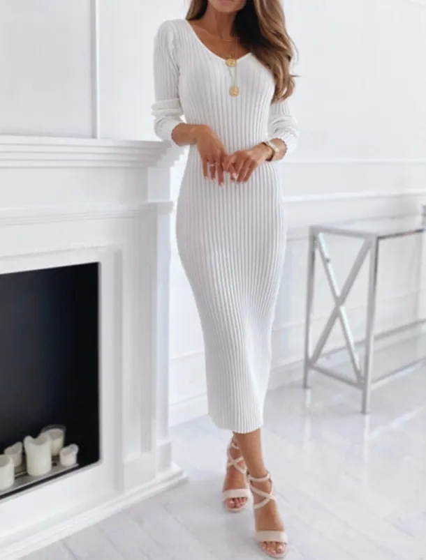 Women's Midi Dress Sweater Dress Knit Dress Jumper Dress Casual Dress Knitwear Warm Fashion Outdoor Casual Daily Regular Fit Pure Color Long Sleeve V Neck Black White khaki Fall Winter