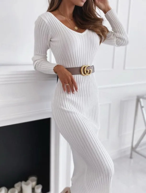 Women's Midi Dress Sweater Dress Knit Dress Jumper Dress Casual Dress Knitwear Warm Fashion Outdoor Casual Daily Regular Fit Pure Color Long Sleeve V Neck Black White khaki Fall Winter