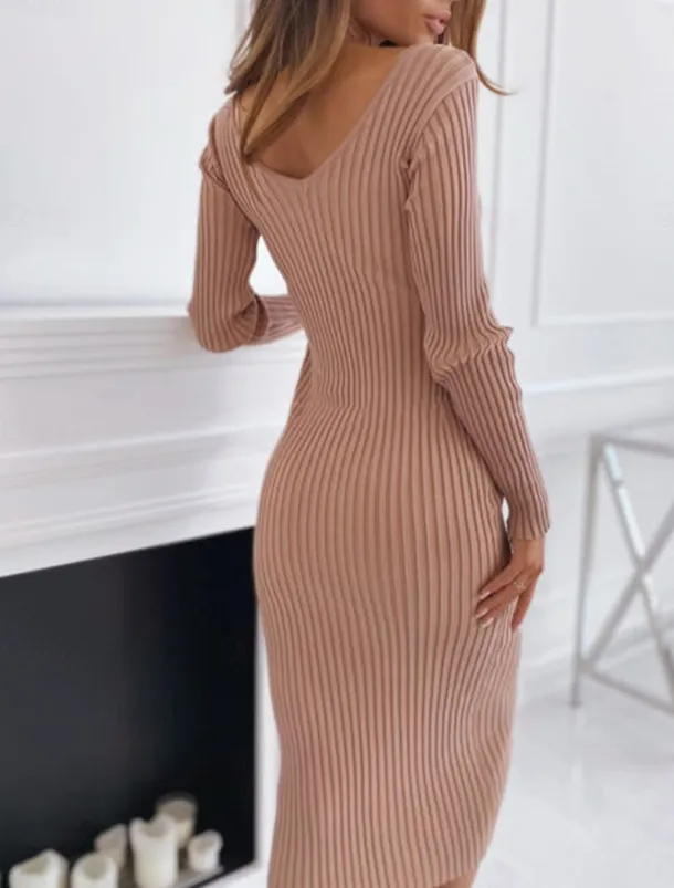 Women's Midi Dress Sweater Dress Knit Dress Jumper Dress Casual Dress Knitwear Warm Fashion Outdoor Casual Daily Regular Fit Pure Color Long Sleeve V Neck Black White khaki Fall Winter