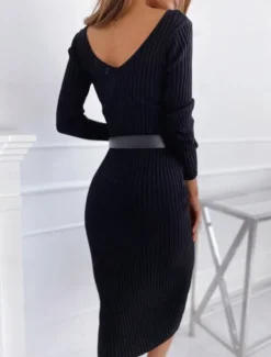 Women's Midi Dress Sweater Dress Knit Dress Jumper Dress Casual Dress Knitwear Warm Fashion Outdoor Casual Daily Regular Fit Pure Color Long Sleeve V Neck Black White khaki Fall Winter