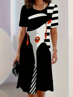 Women's Midi Dress T Shirt Dress Tee Dress Shift Dress Summer Dress Casual Formal Daily Regular Fit Floral Abstract Short Sleeve Crew Neck Black White Dark Red Summer Spring