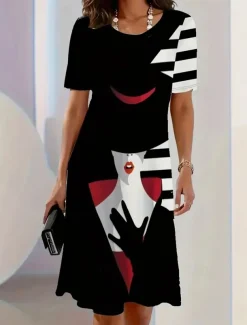 Women's Midi Dress T Shirt Dress Tee Dress Shift Dress Summer Dress Casual Formal Daily Regular Fit Floral Abstract Short Sleeve Crew Neck Black White Dark Red Summer Spring