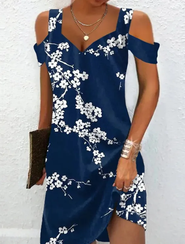 Women's Midi Dress T Shirt Dress Tee Dress Sundress Summer Dress Midi Dress Bohemia Sexy Boho Vacation Party Holiday Regular Fit Floral Short Sleeve Sweetheart Dark Blue Summer Spring