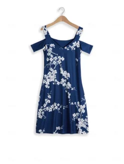 Women's Midi Dress T Shirt Dress Tee Dress Sundress Summer Dress Midi Dress Bohemia Sexy Boho Vacation Party Holiday Regular Fit Floral Short Sleeve Sweetheart Dark Blue Summer Spring