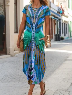 Women's Midi Dress T Shirt Dress Tee Dress Summer Dress Casual Boho Beach Daily Regular Fit Floral Graphic Tribal Short Sleeve Crew Neck Dark Yellow Red Blue Purple Summer