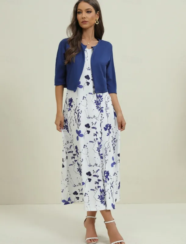 Women's Midi Dress Two Piece Dress Set Casual Dress Print Dress Daily Vacation Fashion Elegant Pocket Print Crew Neck Half Sleeve Floral Regular Fit Black Navy Blue Green Summer Spring S M L XL XXL