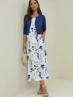 Women's Midi Dress Two Piece Dress Set Casual Dress Print Dress Daily Vacation Fashion Elegant Pocket Print Crew Neck Half Sleeve Floral Regular Fit Black Navy Blue Green Summer Spring S M L XL XXL