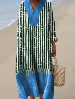 Women's Midi Dress V Neck Long Sleeve Kaftan Lightweight Loose Fit A Line Dress Casual Boho Going out Loose Fit Graphic Long Sleeve V Neck Black Blue Orange Khaki