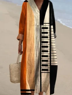 Women's Midi Dress V Neck Long Sleeve Kaftan Lightweight Loose Fit A Line Dress Casual Boho Going out Loose Fit Graphic Long Sleeve V Neck Black Blue Orange Khaki