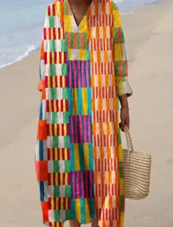 Women's Midi Dress V Neck Long Sleeve Kaftan Lightweight Loose Fit A Line Dress Casual Boho Going out Loose Fit Graphic Long Sleeve V Neck Black Blue Orange Khaki