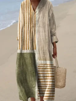 Women's Midi Dress V Neck Long Sleeve Kaftan Lightweight Loose Fit A Line Dress Casual Boho Going out Graphic Geometric Stripe Long Sleeve V Neck Orange red Black Yellow Pink