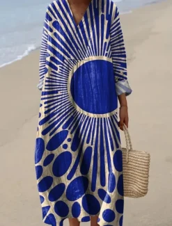 Women's Midi Dress V Neck Long Sleeve Kaftan Lightweight Loose Fit A Line Dress Casual Boho Going out Graphic Geometric Stripe Long Sleeve V Neck Orange red Black Yellow Pink