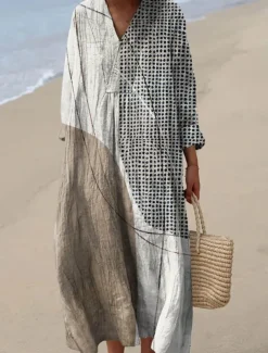 Women's Midi Dress V Neck Long Sleeve Kaftan Lightweight Loose Fit A Line Dress Casual Boho Going out Graphic Geometric Stripe Long Sleeve V Neck Orange red Black Yellow Pink