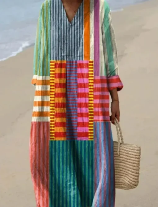 Women's Midi Dress V Neck Long Sleeve Kaftan Lightweight Loose Fit A Line Dress Casual Boho Going out Graphic Long Sleeve V Neck Yellow Pink Blue Brown