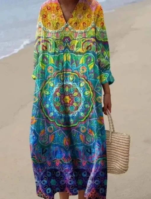 Women's Midi Dress V Neck Long Sleeve Kaftan Lightweight Loose Fit A Line Dress Casual Boho Going out Graphic Long Sleeve V Neck Yellow Pink Blue Brown