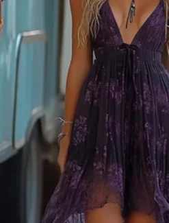 Women's Midi Dress Vintage Dress Boho Dress Western Dress Vintage Fashion Outdoor Vacation Daily Regular Fit Flower Sleeveless V Neck Purple Summer