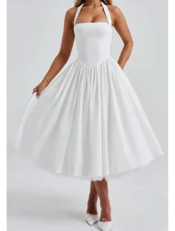 Women's Midi Dress White Dress Graduation Dress Fashion Modern Birthday Holiday Graduation Regular Fit Plain Sleeveless Halter Neck Black White Red Summer