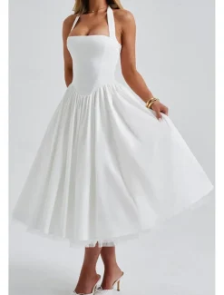 Women's Midi Dress White Dress Graduation Dress Fashion Modern Birthday Holiday Graduation Regular Fit Plain Sleeveless Halter Neck Black White Red Summer