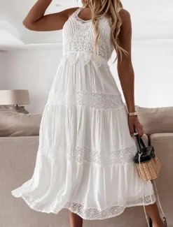Women's Midi Dress White Dress White Lace Wedding Dress Boho Dress Elegant Classic Daily Date Weekend Regular Fit Plain Sleeveless V Neck White Summer Spring