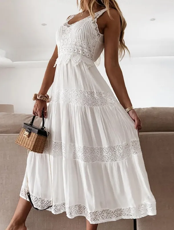 Women's Midi Dress White Dress White Lace Wedding Dress Boho Dress Elegant Classic Daily Date Weekend Regular Fit Plain Sleeveless V Neck White Summer Spring