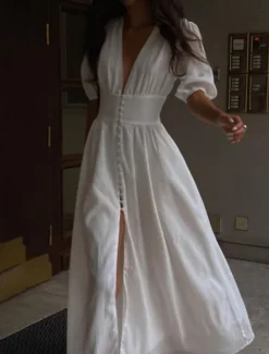 Women's Midi Dress White Dress Graduation Dress Party Dress Fashion Modern Party Birthday Date Regular Fit Plain Short Sleeve V Neck Black White Summer