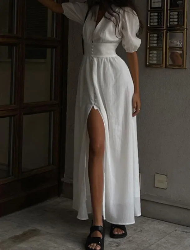 Women's Midi Dress White Dress Graduation Dress Party Dress Fashion Modern Party Birthday Date Regular Fit Plain Short Sleeve V Neck Black White Summer