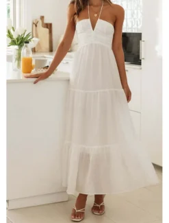 Women's Midi Dress White Dress Graduation Dress Fashion Holiday Graduation Going out Regular Fit Plain Sleeveless V Neck White Summer