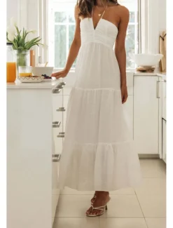 Women's Midi Dress White Dress Graduation Dress Fashion Holiday Graduation Going out Regular Fit Plain Sleeveless V Neck White Summer