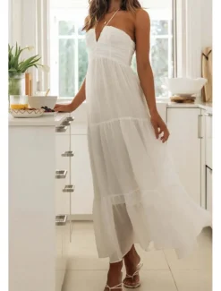 Women's Midi Dress White Dress Graduation Dress Fashion Holiday Graduation Going out Regular Fit Plain Sleeveless V Neck White Summer