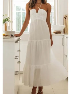 Women's Midi Dress White Dress Graduation Dress Fashion Holiday Graduation Going out Regular Fit Plain Sleeveless V Neck White Summer