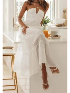 Women's Midi Dress White Dress Graduation Dress Fashion Holiday Graduation Going out Regular Fit Plain Sleeveless V Neck White Summer